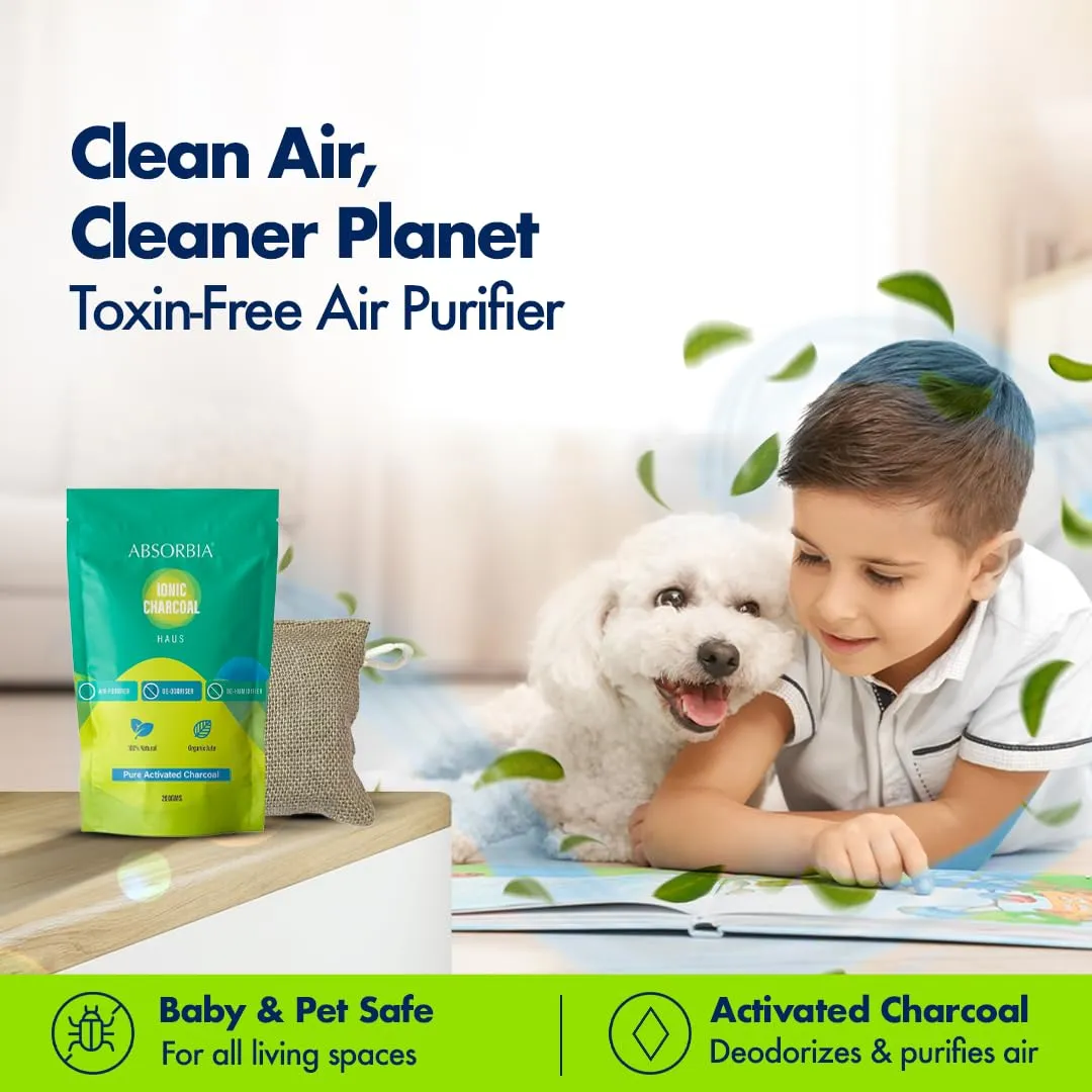 Absorbia Charcoal Bag (75gx2) & ABSORBIA IONIC HAUS Pure Activated Charcoal Air Purifyer, made with Organic Jute Bag |Natural Deodorizer and Dehumidifier for Car Rooms Fridge Shoes etc 200 Gms…