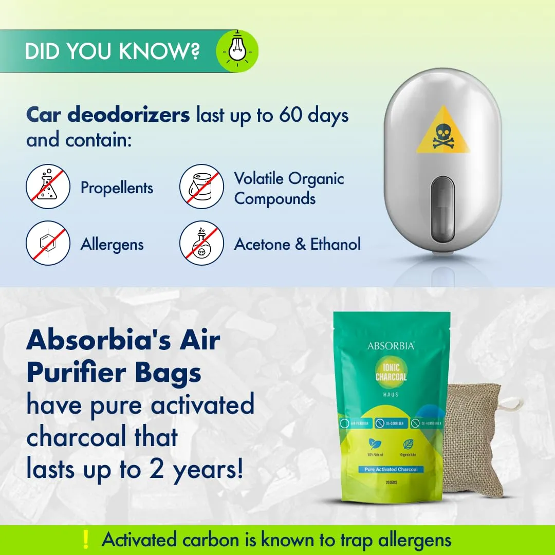 Absorbia Charcoal Bag (75gx2) & ABSORBIA IONIC HAUS Pure Activated Charcoal Air Purifyer, made with Organic Jute Bag |Natural Deodorizer and Dehumidifier for Car Rooms Fridge Shoes etc 200 Gms…