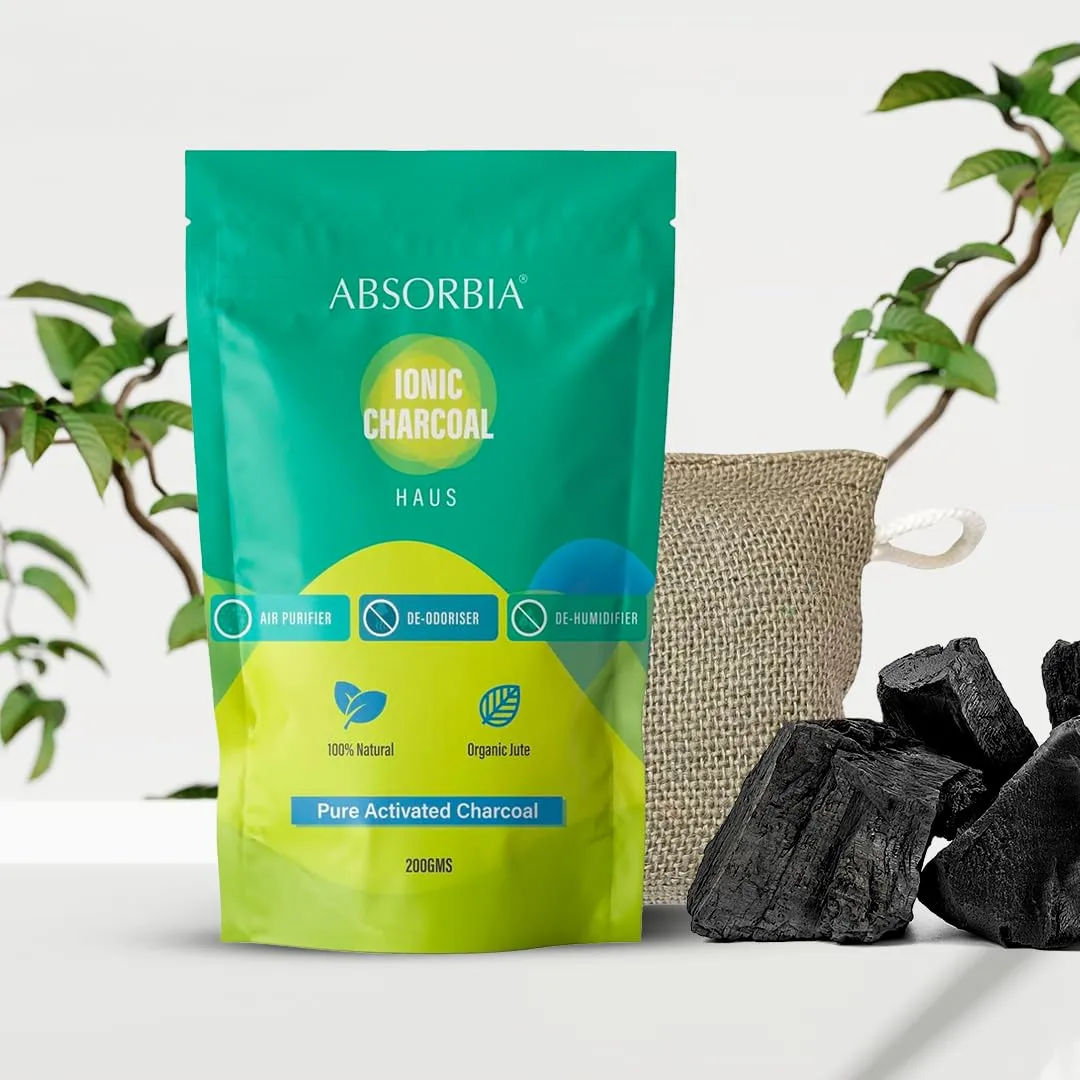 Absorbia Charcoal Bag (75gx2) & ABSORBIA IONIC HAUS Pure Activated Charcoal Air Purifyer, made with Organic Jute Bag |Natural Deodorizer and Dehumidifier for Car Rooms Fridge Shoes etc 200 Gms…