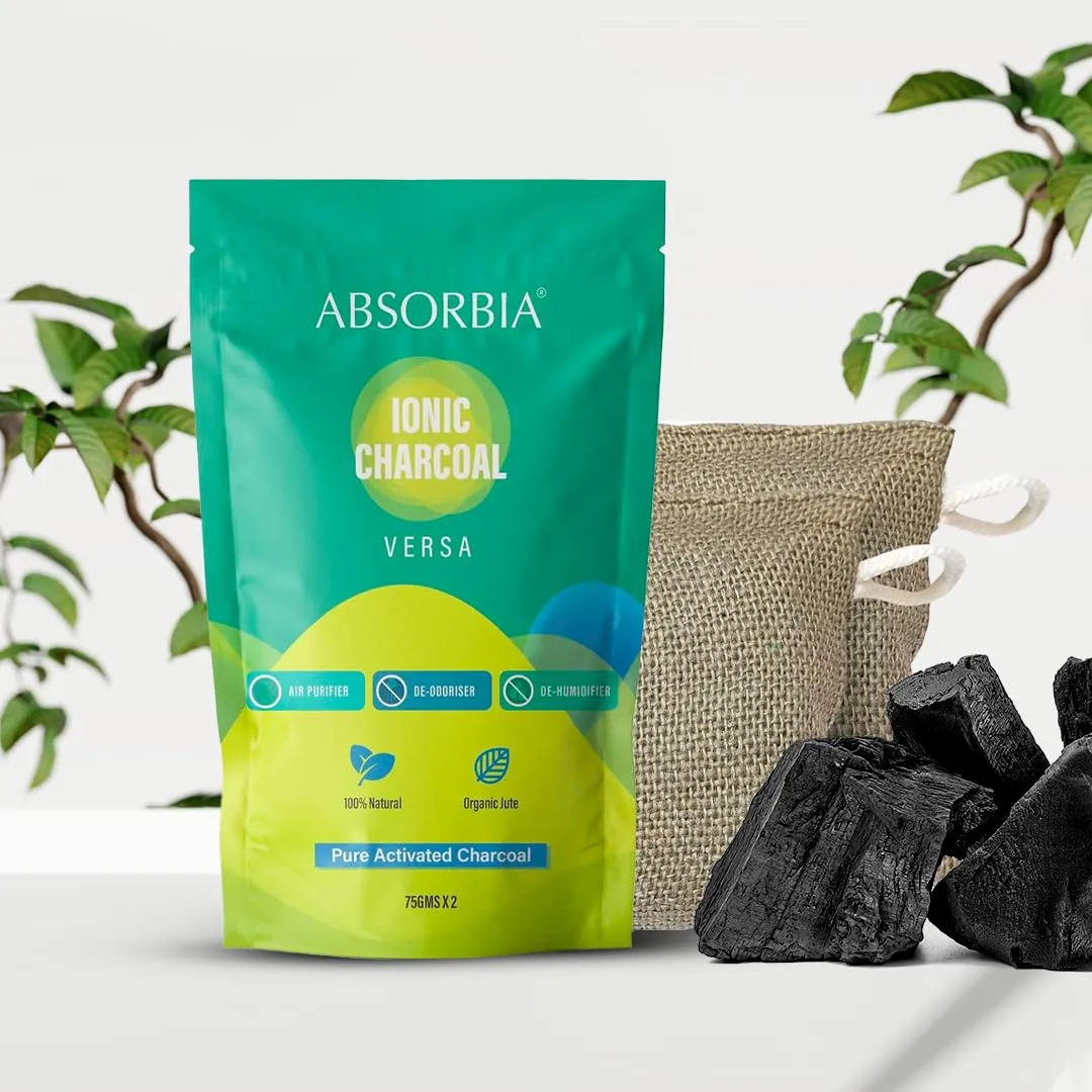 Absorbia Charcoal Bag (75gx2) & ABSORBIA IONIC HAUS Pure Activated Charcoal Air Purifyer, made with Organic Jute Bag |Natural Deodorizer and Dehumidifier for Car Rooms Fridge Shoes etc 200 Gms…