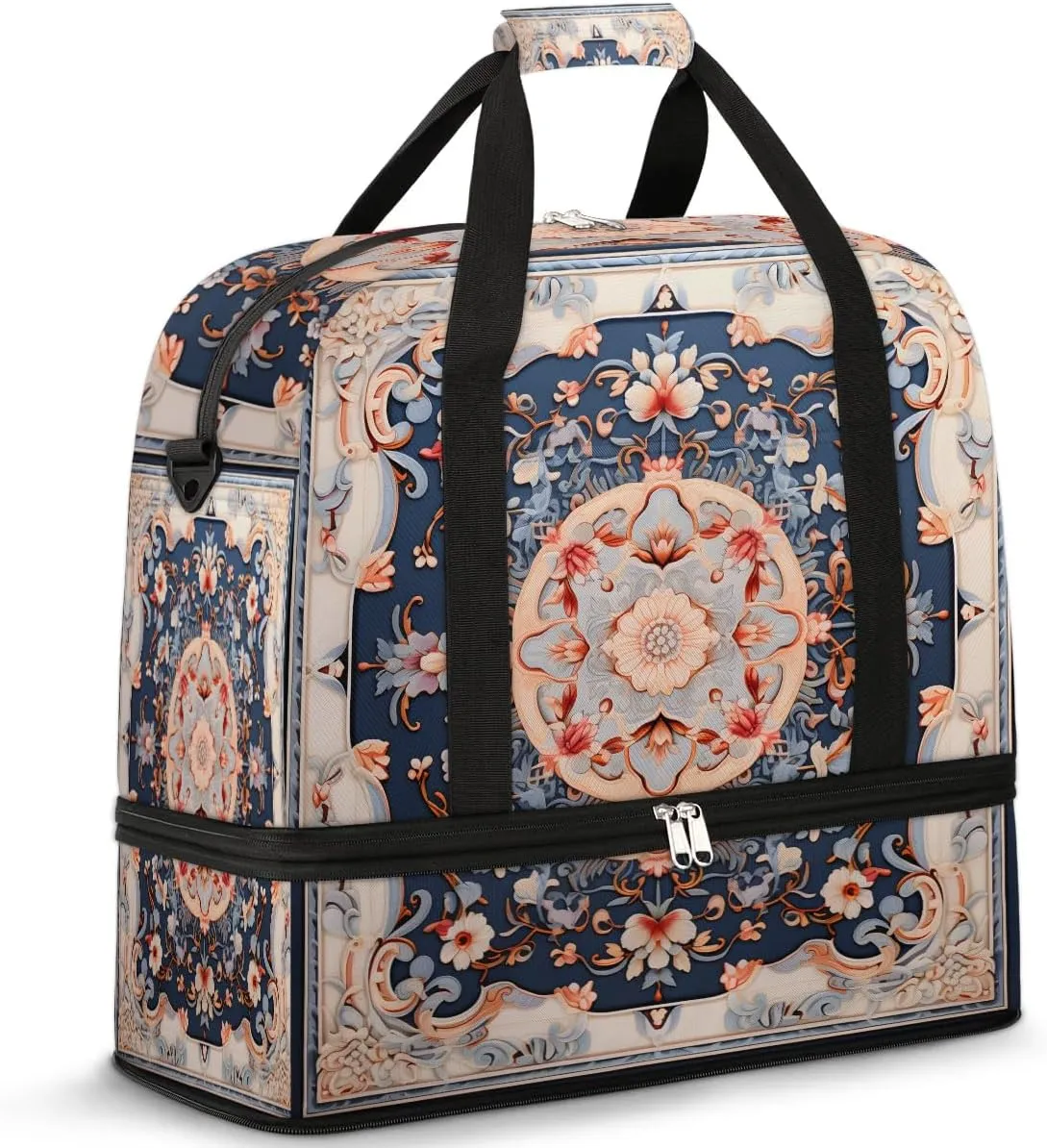 Abstract Boho Flower Pattern Travel Duffle Bag, Collapsible Travel Bag Sports Gym Bag With Shoes Compartment Weekender Bag Overnight Bag For Women Men