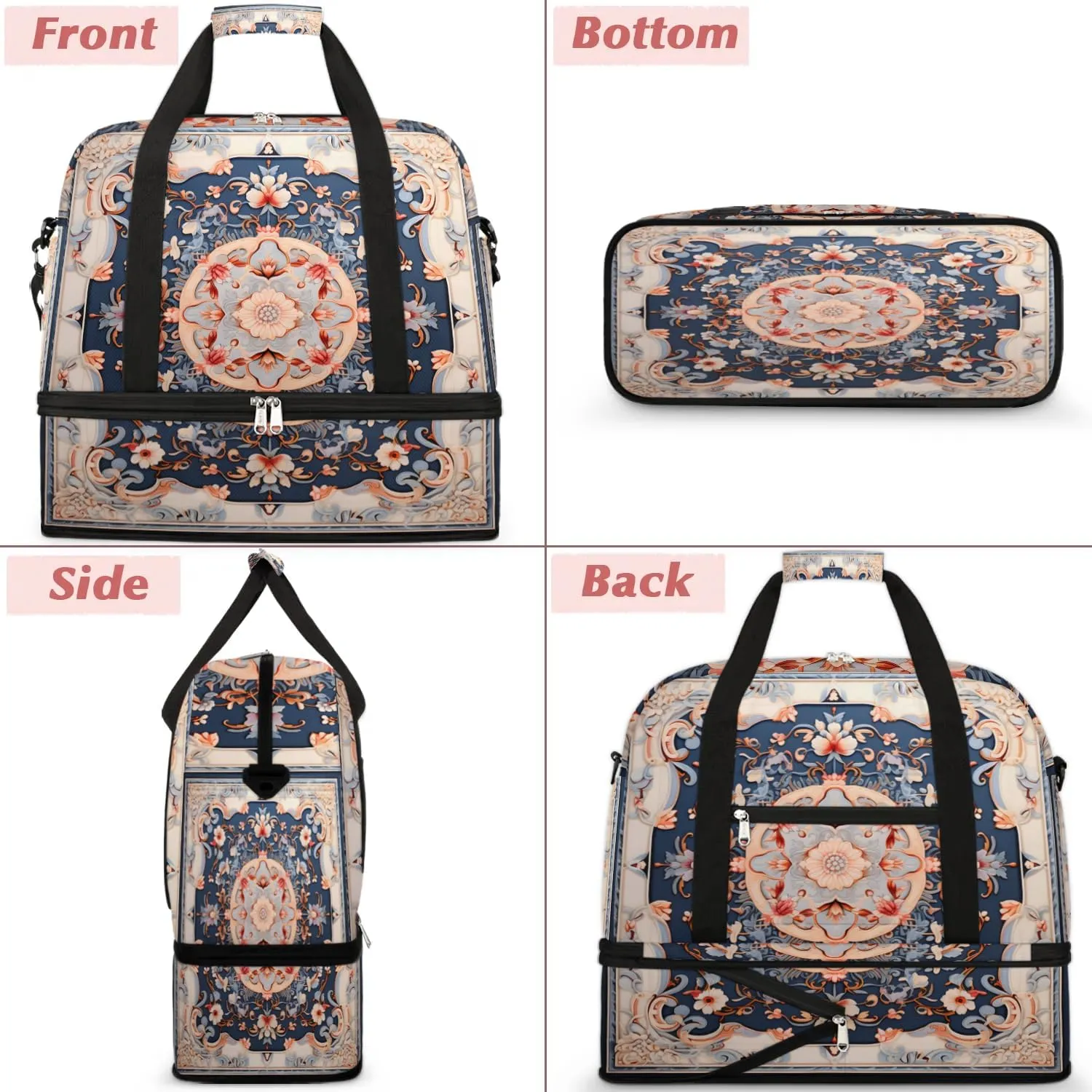 Abstract Boho Flower Pattern Travel Duffle Bag, Collapsible Travel Bag Sports Gym Bag With Shoes Compartment Weekender Bag Overnight Bag For Women Men