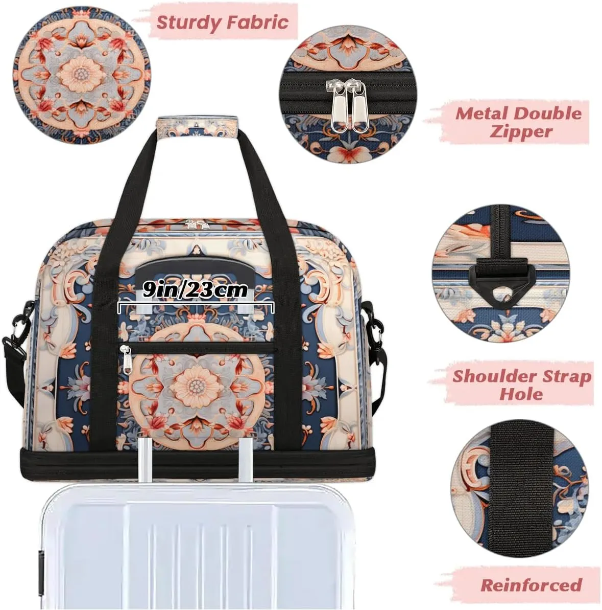 Abstract Boho Flower Pattern Travel Duffle Bag, Collapsible Travel Bag Sports Gym Bag With Shoes Compartment Weekender Bag Overnight Bag For Women Men
