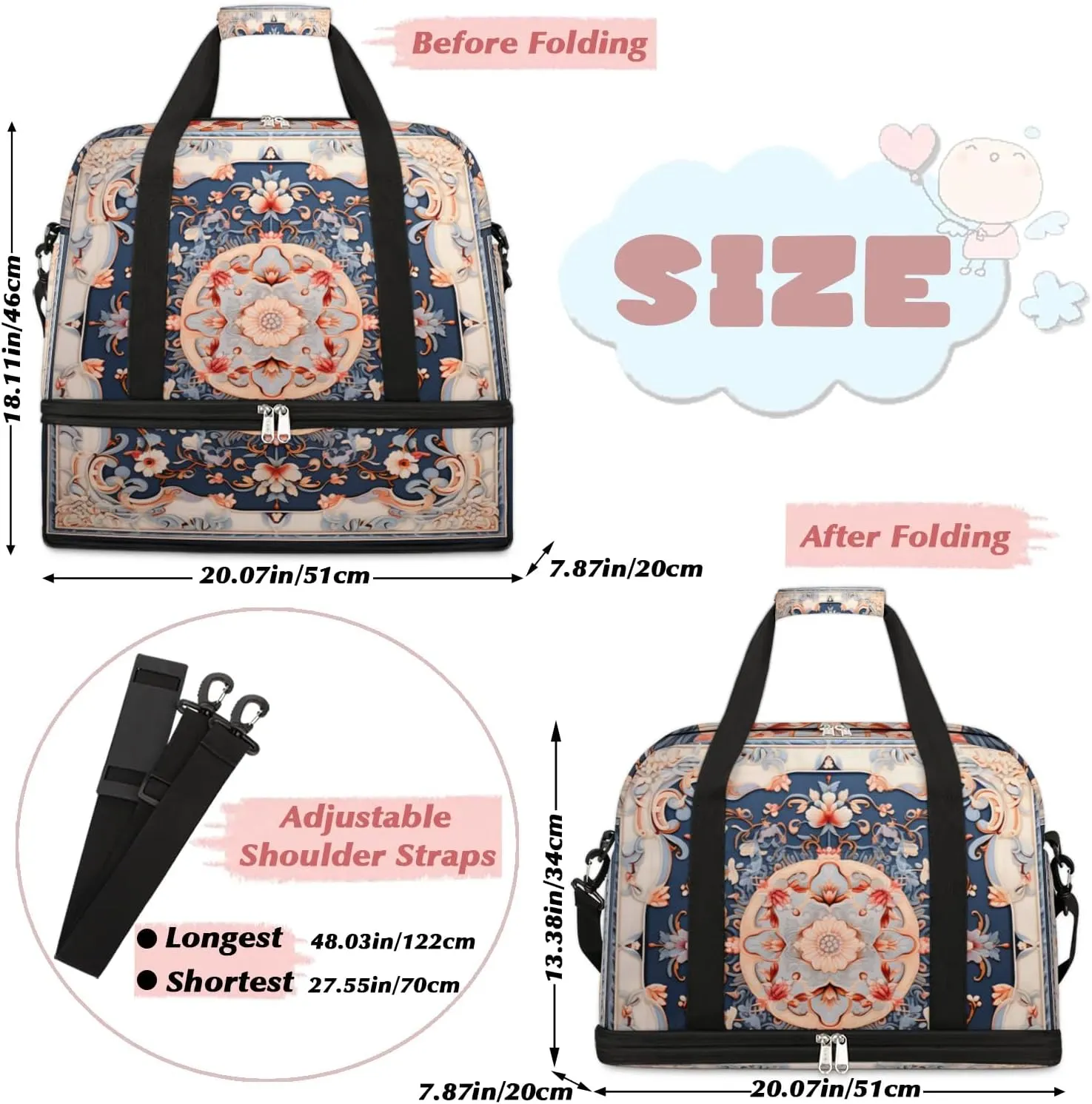 Abstract Boho Flower Pattern Travel Duffle Bag, Collapsible Travel Bag Sports Gym Bag With Shoes Compartment Weekender Bag Overnight Bag For Women Men