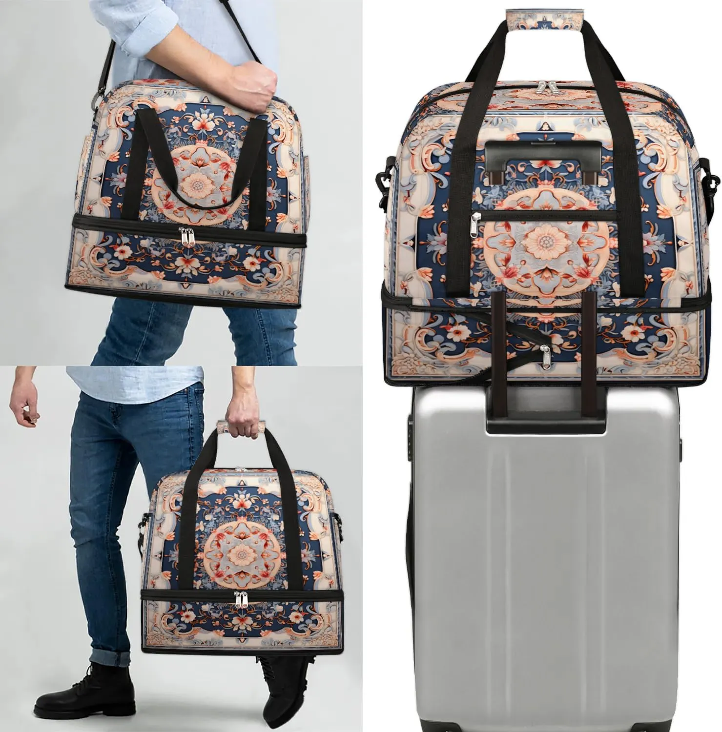 Abstract Boho Flower Pattern Travel Duffle Bag, Collapsible Travel Bag Sports Gym Bag With Shoes Compartment Weekender Bag Overnight Bag For Women Men