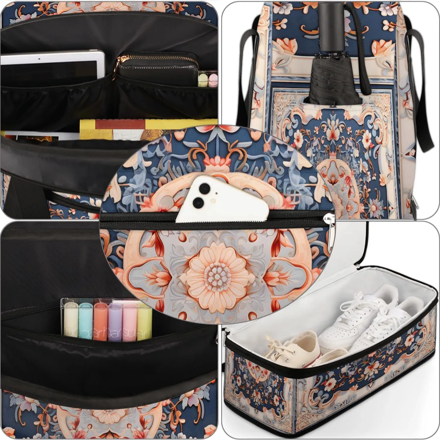 Abstract Boho Flower Pattern Travel Duffle Bag, Collapsible Travel Bag Sports Gym Bag With Shoes Compartment Weekender Bag Overnight Bag For Women Men