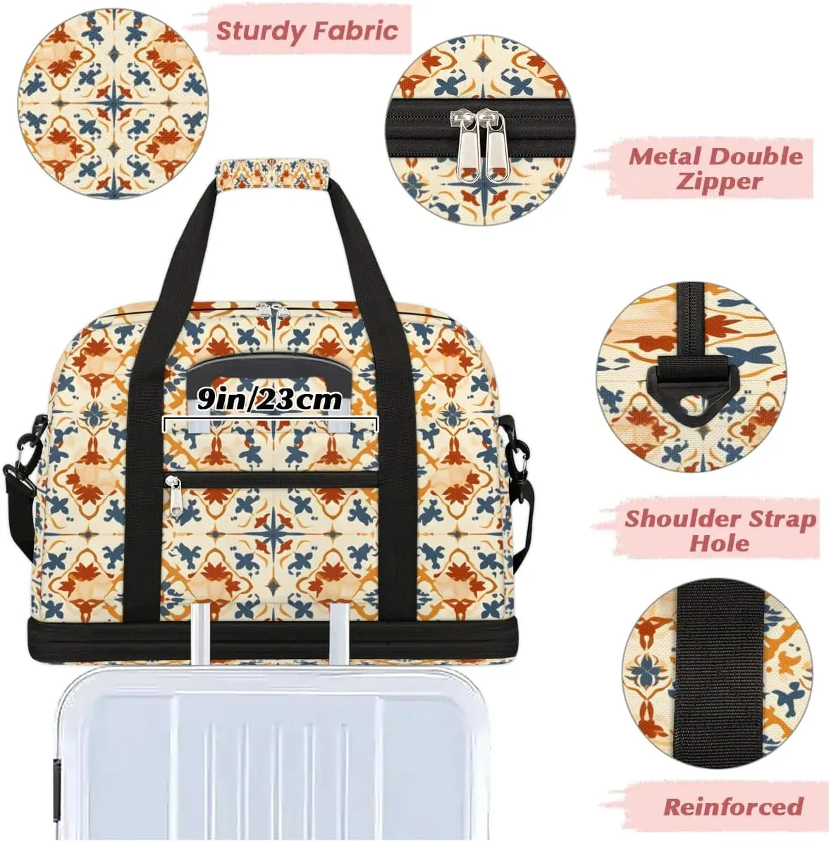 Abstract Flora Boho Printing Travel Duffle Bag, Collapsible Travel Bag Sports Gym Bag With Shoes Compartment Weekender Bag Overnight Bag For Women Men