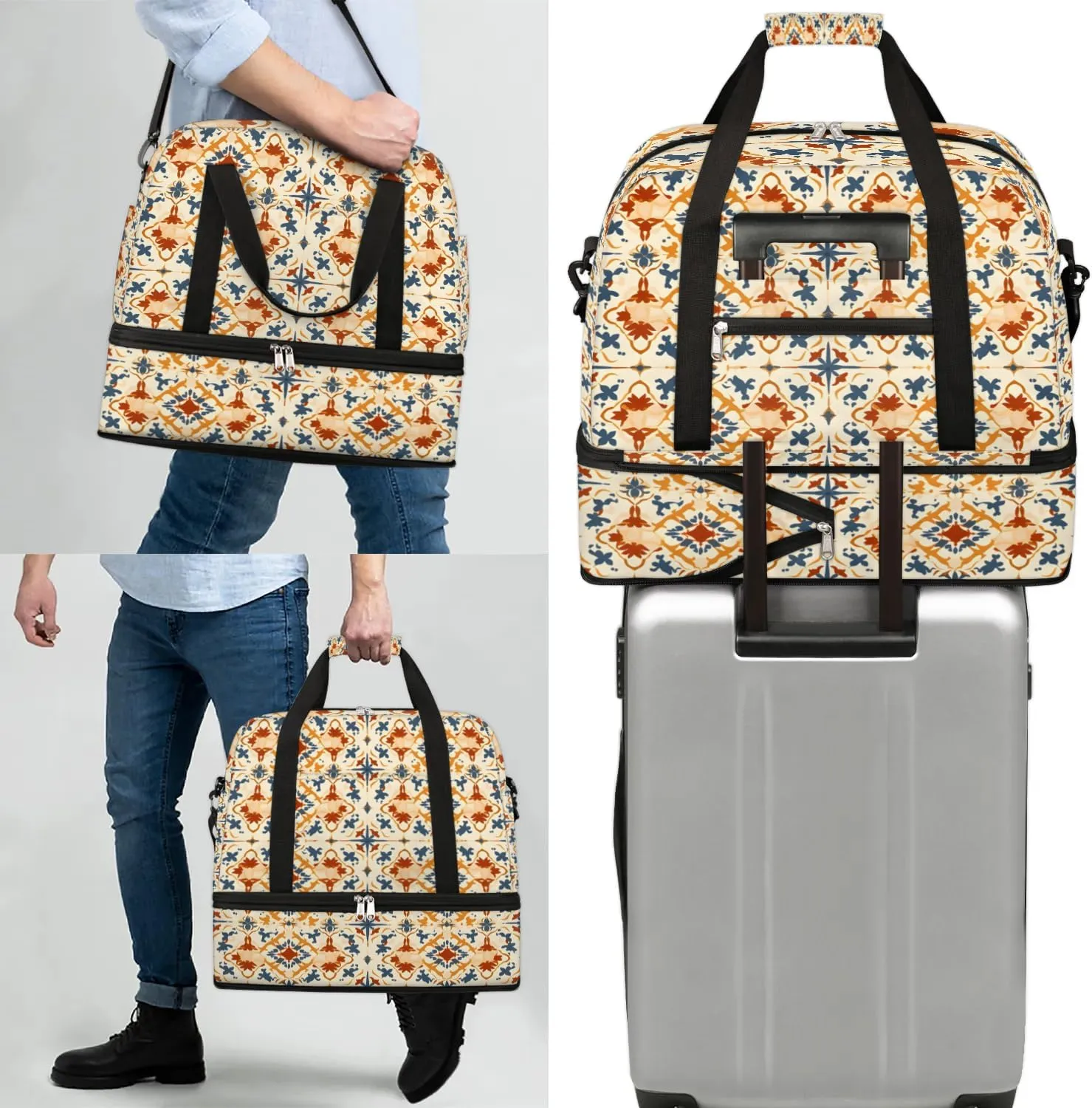 Abstract Flora Boho Printing Travel Duffle Bag, Collapsible Travel Bag Sports Gym Bag With Shoes Compartment Weekender Bag Overnight Bag For Women Men