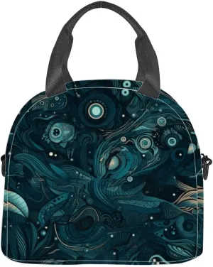 Abyssal Visions abstract geometric designs underwater realm teal navy Lunch Box for Women Men Adult Freezable Insulated Lunch Tote Bag for Work With Shoulder Strap Soft Large Small Cooler Bag Pail