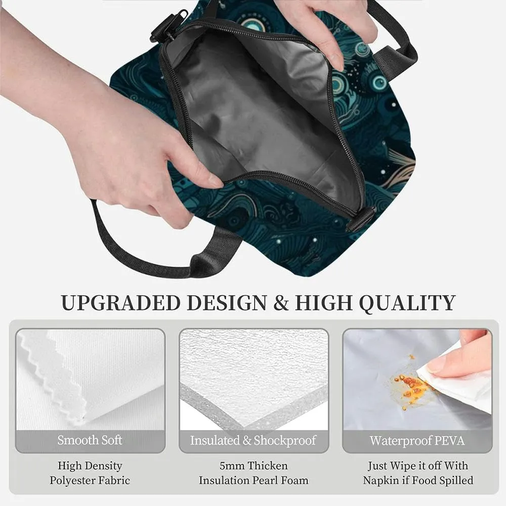 Abyssal Visions abstract geometric designs underwater realm teal navy Lunch Box for Women Men Adult Freezable Insulated Lunch Tote Bag for Work With Shoulder Strap Soft Large Small Cooler Bag Pail
