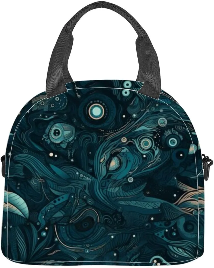 Abyssal Visions abstract geometric designs underwater realm teal navy Lunch Box for Women Men Adult Freezable Insulated Lunch Tote Bag for Work With Shoulder Strap Soft Large Small Cooler Bag Pail