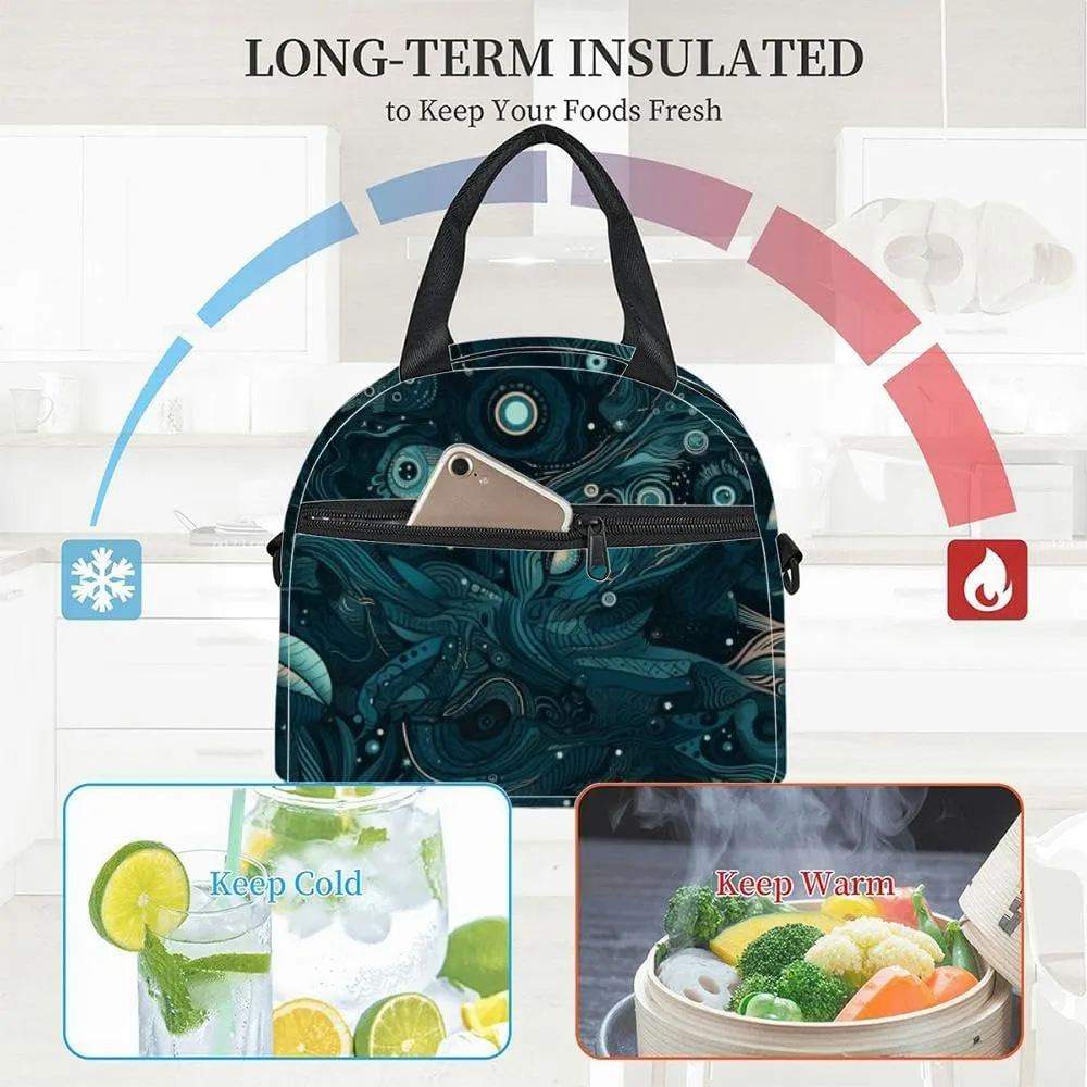 Abyssal Visions abstract geometric designs underwater realm teal navy Lunch Box for Women Men Adult Freezable Insulated Lunch Tote Bag for Work With Shoulder Strap Soft Large Small Cooler Bag Pail