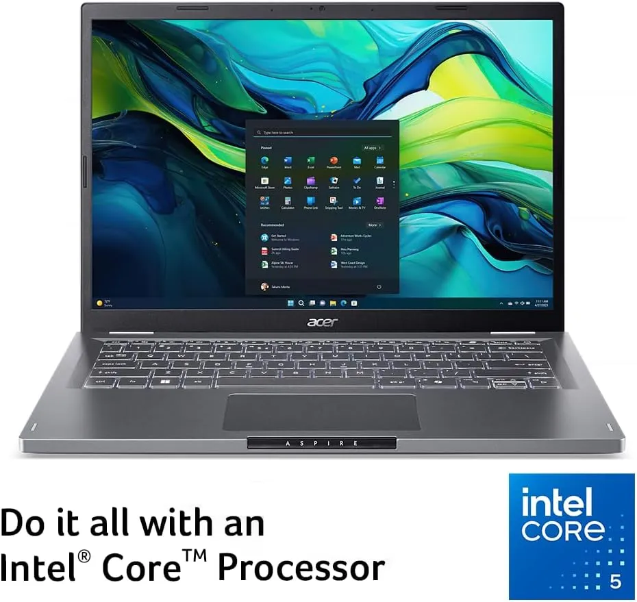 acer Aspire 14 Laptop | 14.0" WUXGA 1920 x 1200 IPS | Intel Core 5 Processor 120U | Intel Graphics | 16GB LPDDR5 | 512GB Gen4 SSD | Wi-Fi 6E | AI PC | Copilot Key | Backlit Keyboard | A14-51M-515G