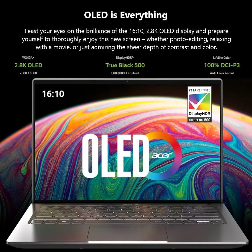 Acer Swift 3 OLED Intel Evo Thin & Light Laptop | 14" OLED 2880x1800 | Intel Core i7-12700H | Intel Iris Xe Graphics | 16GB LPDDR5 | 1TB SSD |Wi-Fi 6E | Windows 11 Home | SF314-71-75MW, Gray