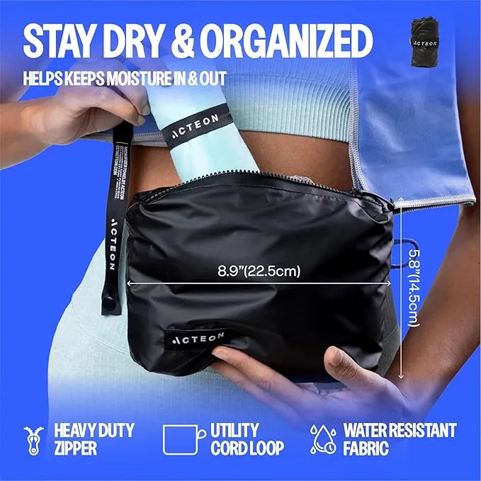 Acteon Microfiber Gym Towel & Wet Bag Travel Set, Large Quick Dry Silver ION Odor-Free Mega Absorbent Fiber, Fast Drying Men & Women Workout Gear for Body Sweat, Beach, Pool, Camping