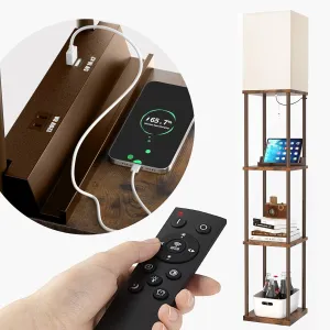 addlon Shelf Floor lamp with 2 USB Ports and Power Outlet, Remote Control Floor lamp for Living Room with 3 Color temperatures led Bulb, Display lamp for Bedroom and Office - Brown