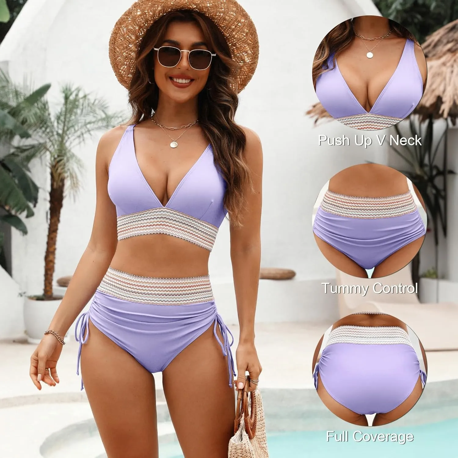 Adisputent Womens High Waisted Bikini Sets Color Block Swimsuit V Neck Tummy Control Swimwear Drawstring 2 Piece Bathing Suit
