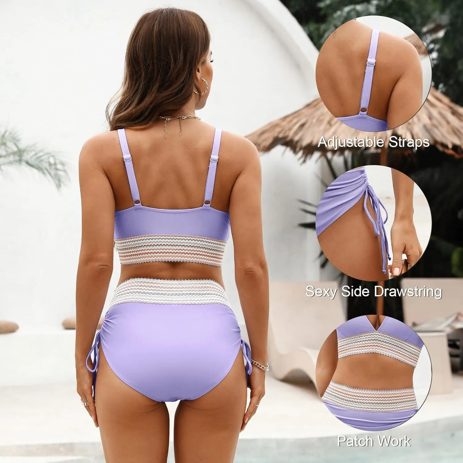 Adisputent Womens High Waisted Bikini Sets Color Block Swimsuit V Neck Tummy Control Swimwear Drawstring 2 Piece Bathing Suit