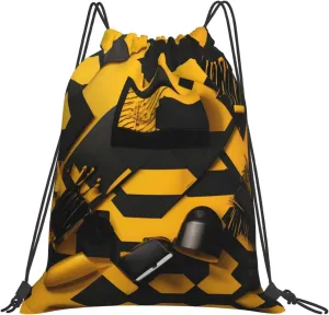 Adult Swimming Sackpack, Mustard Yellow and Black Print Drawstring Gym Bag,Water Resistant Sports Bag for Men and Women