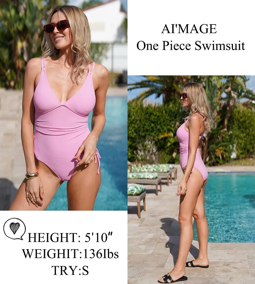 AI'MAGE Women's High Cut One Piece Swimsuit Ruched Tummy Control Swimsuits Ribbed Tie Side Bathing Suits