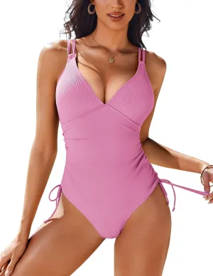 AI'MAGE Women's High Cut One Piece Swimsuit Ruched Tummy Control Swimsuits Ribbed Tie Side Bathing Suits
