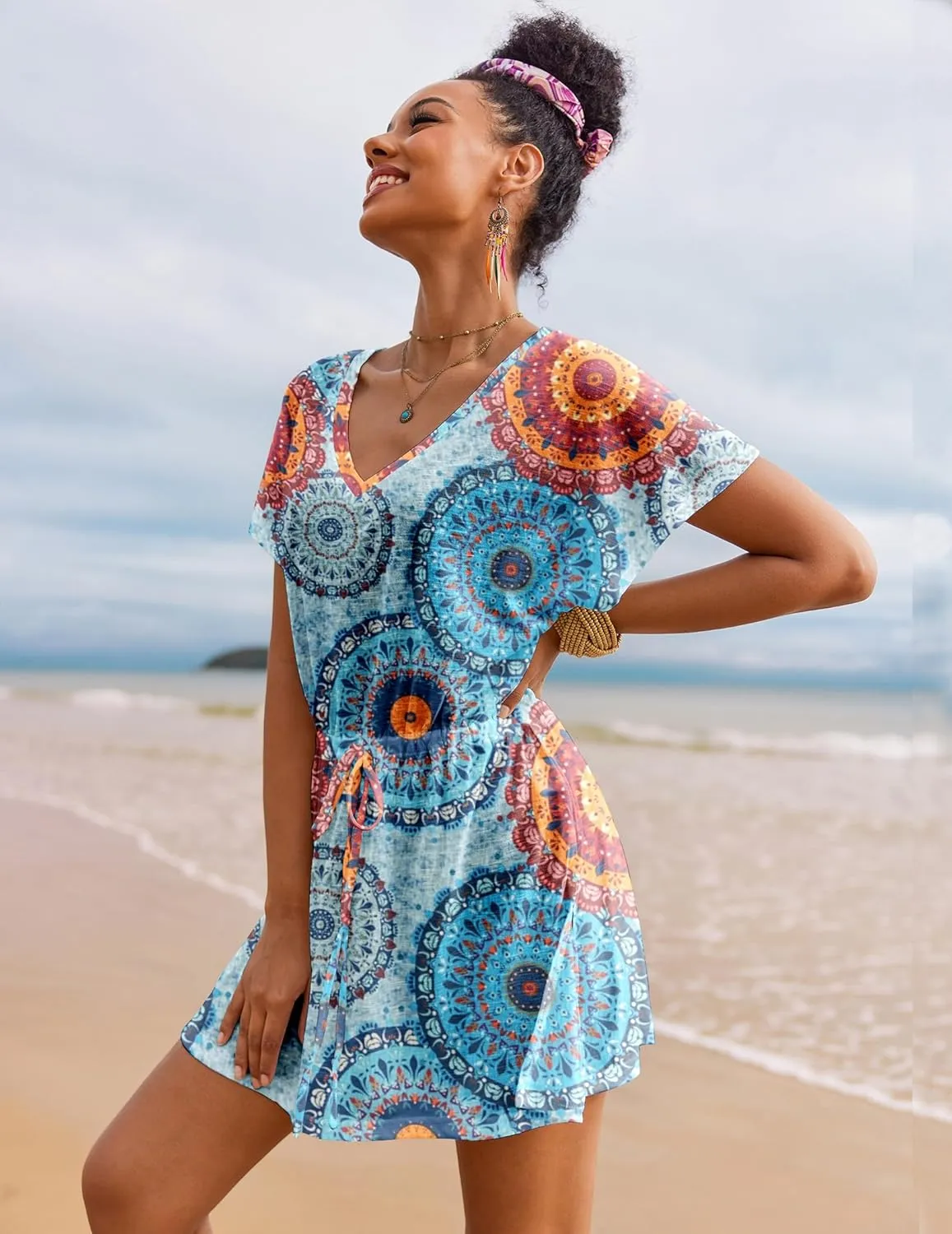 AI'MAGE Women's Swimsuit Cover Up Split Hem Beach Bathing Suit Coverups Dress V-Neck Swimwear with Drawstring