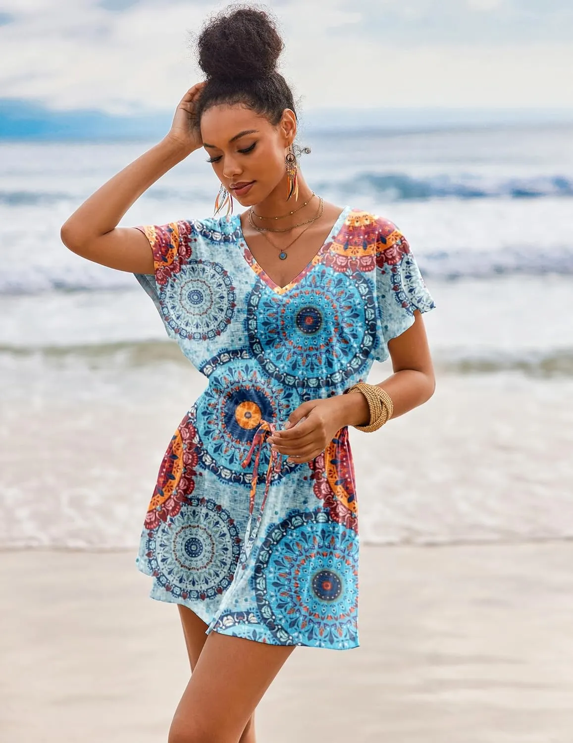 AI'MAGE Women's Swimsuit Cover Up Split Hem Beach Bathing Suit Coverups Dress V-Neck Swimwear with Drawstring