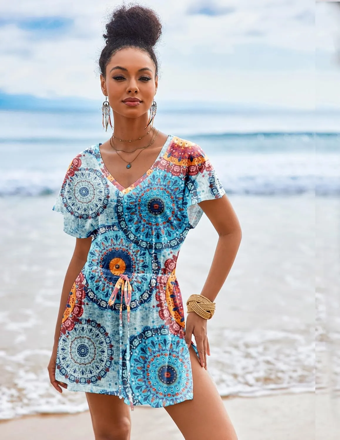AI'MAGE Women's Swimsuit Cover Up Split Hem Beach Bathing Suit Coverups Dress V-Neck Swimwear with Drawstring