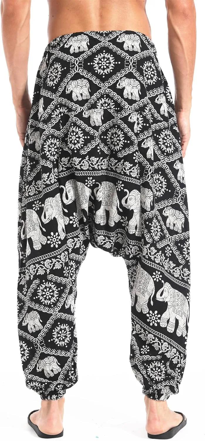 AITFINEISM Men's Drawstring Aladdin Hippie Harem Pants Loose Drop Crotch Trousers