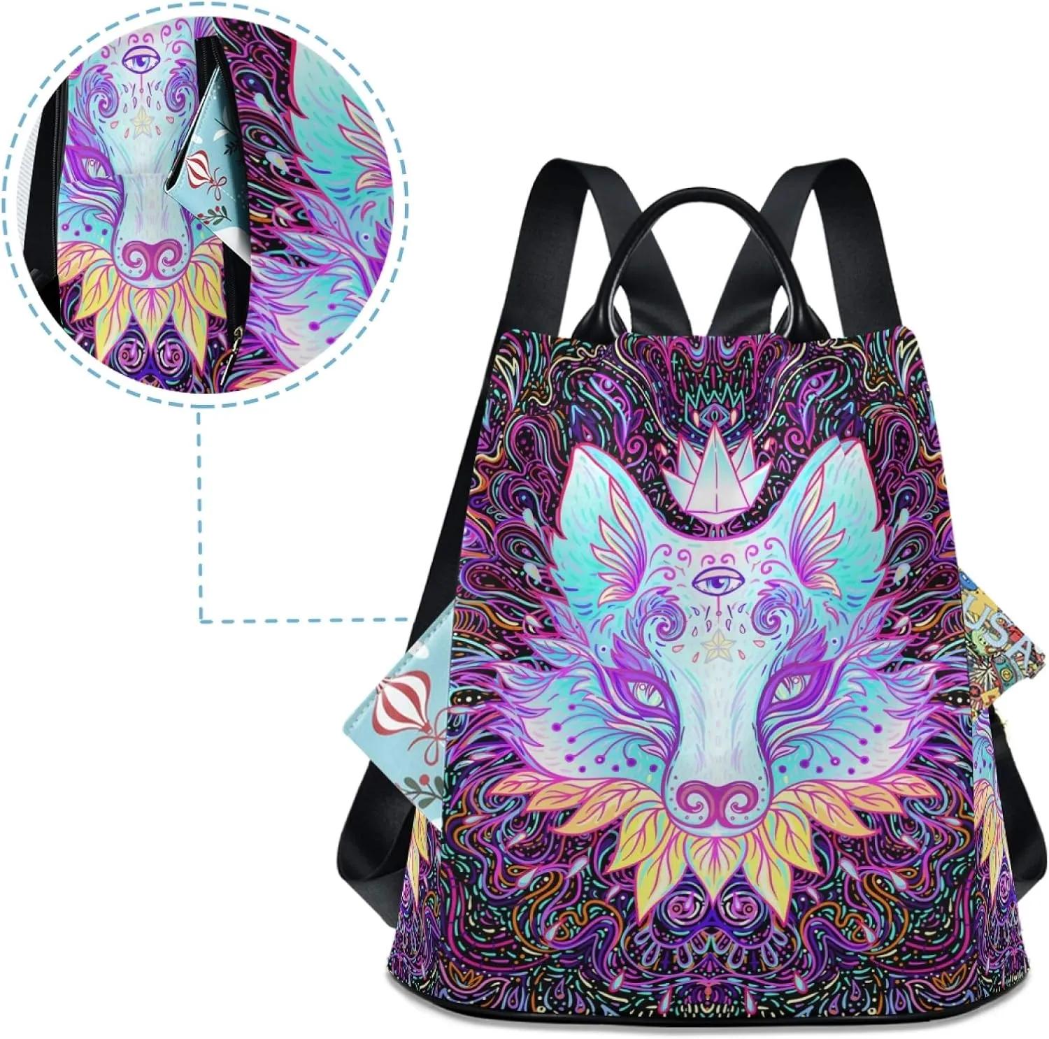 ALAZA Art Fox Face Boho Bohemian Backpack Purse for Women Anti Theft Fashion Back Pack Shoulder Bag
