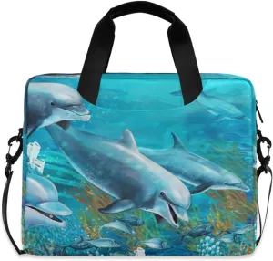 ALAZA Dolphin Sea Animal Blue Laptop Case Bag Sleeve Portable Crossbody Messenger Briefcase w/Strap Handle, 13 14 15.6 inch
