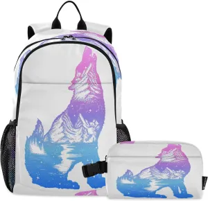 ALAZA Galaxy Wolf Double Exposure Tattoo Art Backpackand Lunch Bag Set School Bag Bookbag Casual Daypacks for Kids Girls Boys Teens
