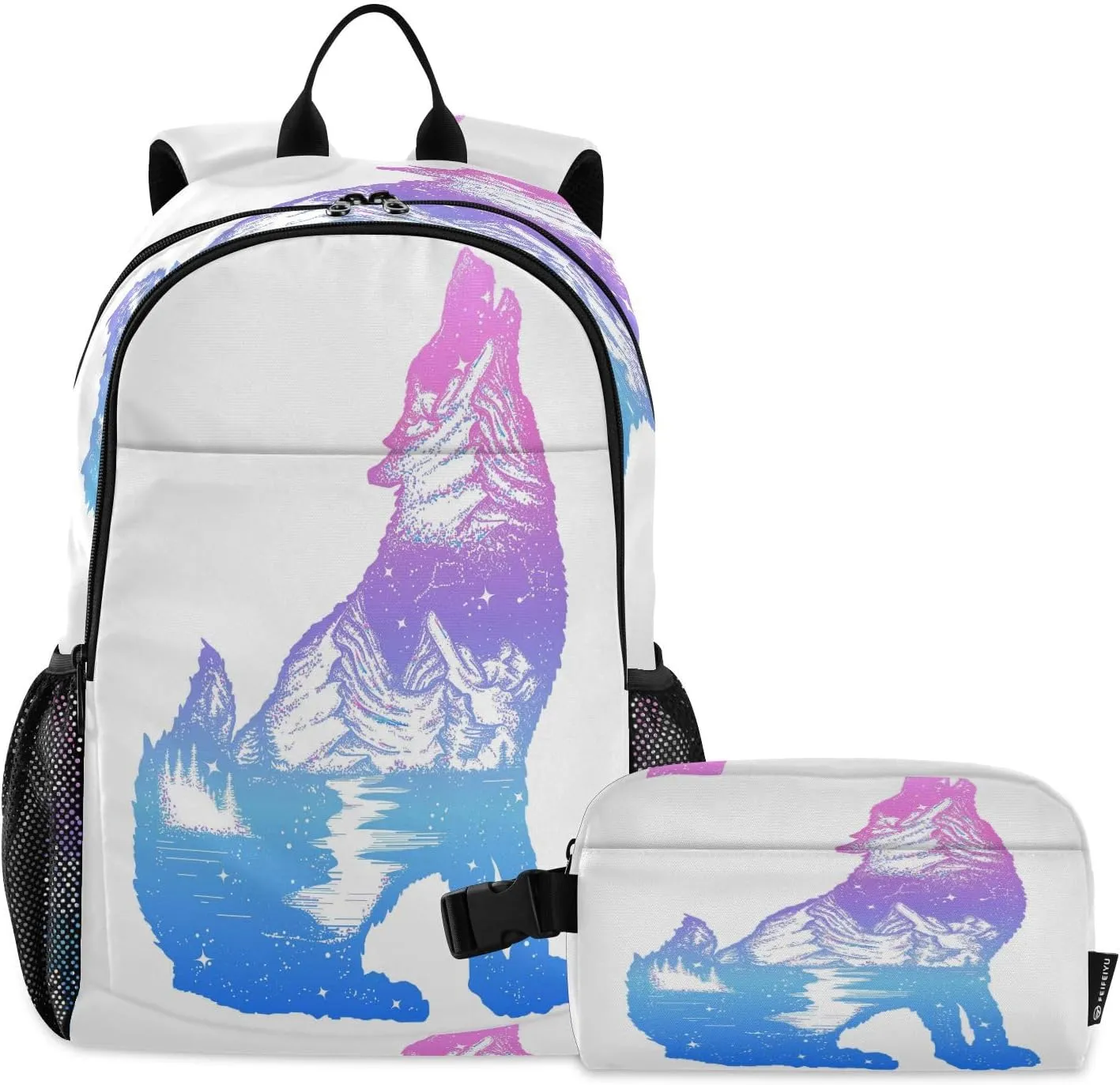 ALAZA Galaxy Wolf Double Exposure Tattoo Art Backpackand Lunch Bag Set School Bag Bookbag Casual Daypacks for Kids Girls Boys Teens