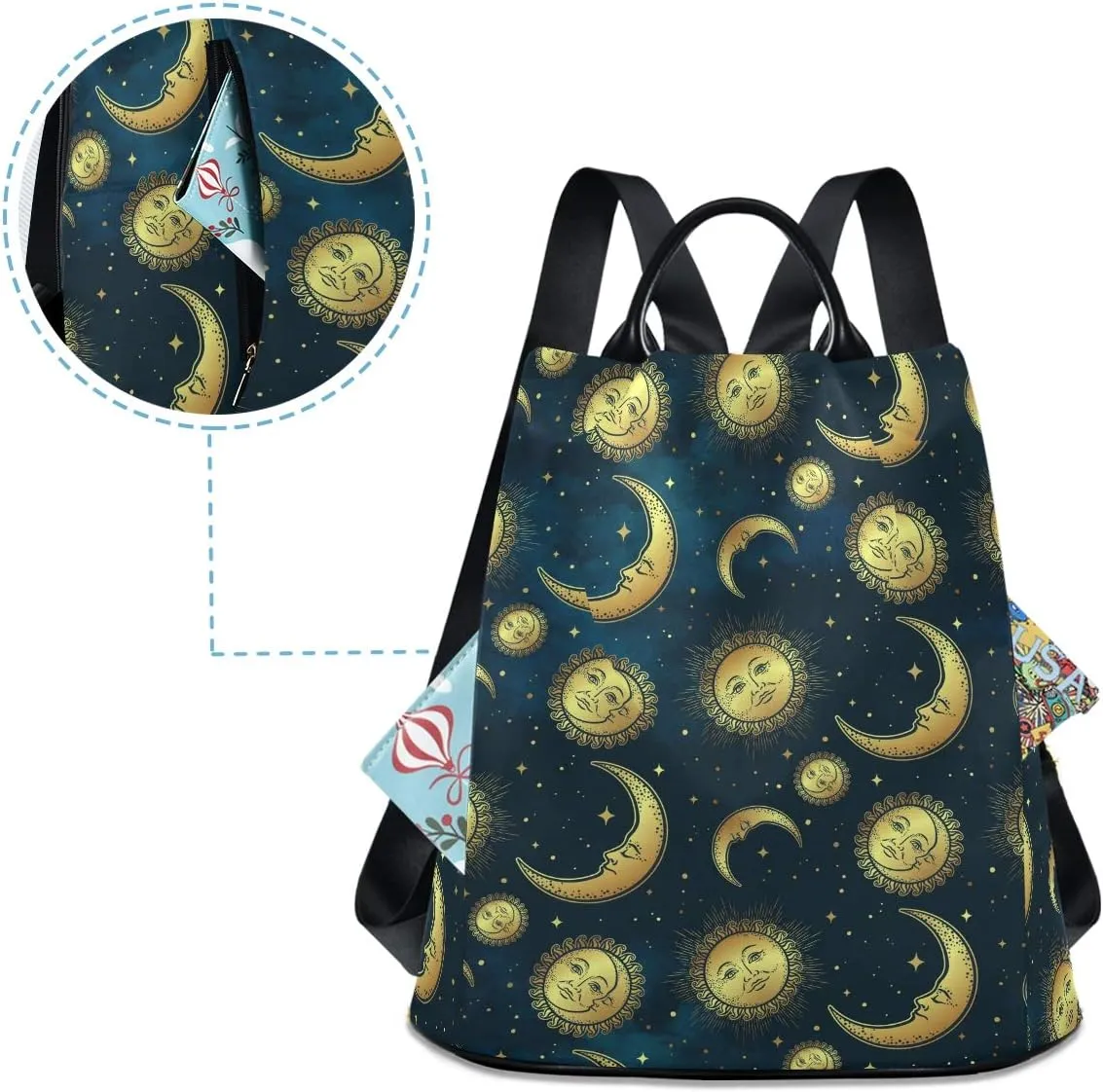 ALAZA Gold Moon Sun & Star Night Sky Boho Backpack Purse for Women Anti Theft Fashion Back Pack Shoulder Bag