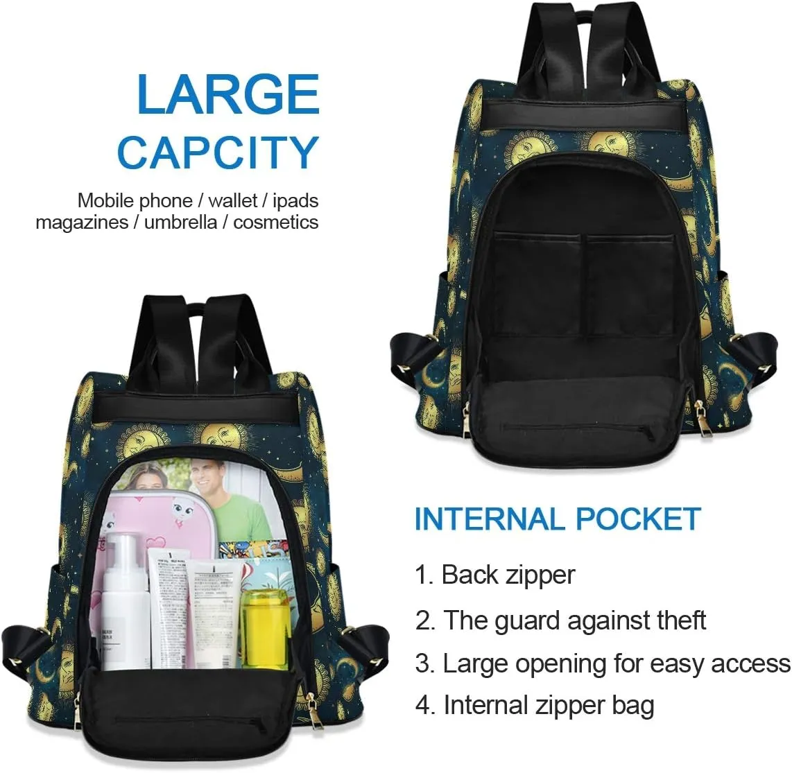 ALAZA Gold Moon Sun & Star Night Sky Boho Backpack Purse for Women Anti Theft Fashion Back Pack Shoulder Bag