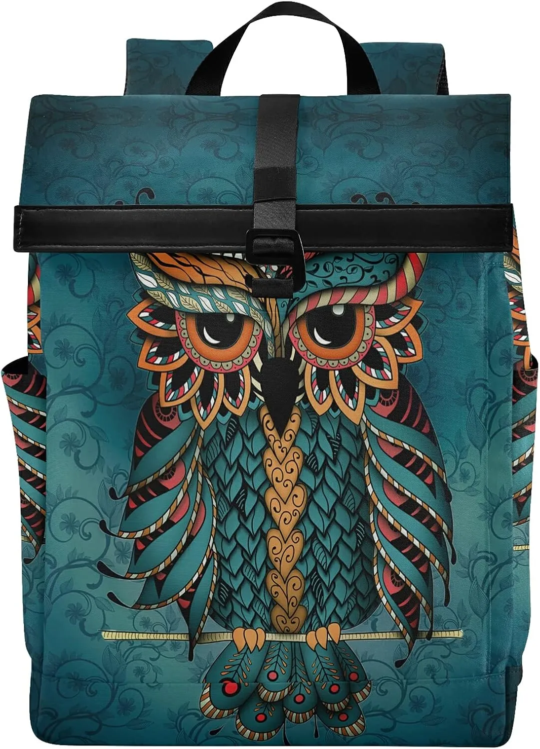 ALAZA Green Owl Print Patrick Boho Ethnic Large Laptop Backpack Purse for Women Men Waterproof Anti Theft Roll Top Backpack, 13-17.3 inch