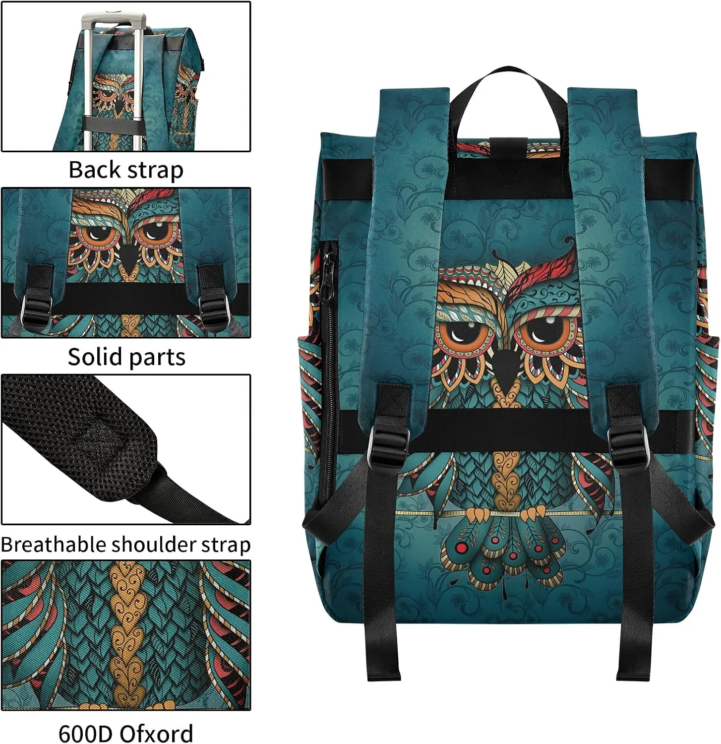 ALAZA Green Owl Print Patrick Boho Ethnic Large Laptop Backpack Purse for Women Men Waterproof Anti Theft Roll Top Backpack, 13-17.3 inch