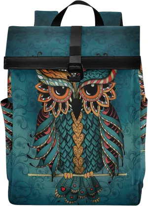 ALAZA Green Owl Print Patrick Boho Ethnic Large Laptop Backpack Purse for Women Men Waterproof Anti Theft Roll Top Backpack, 13-17.3 inch