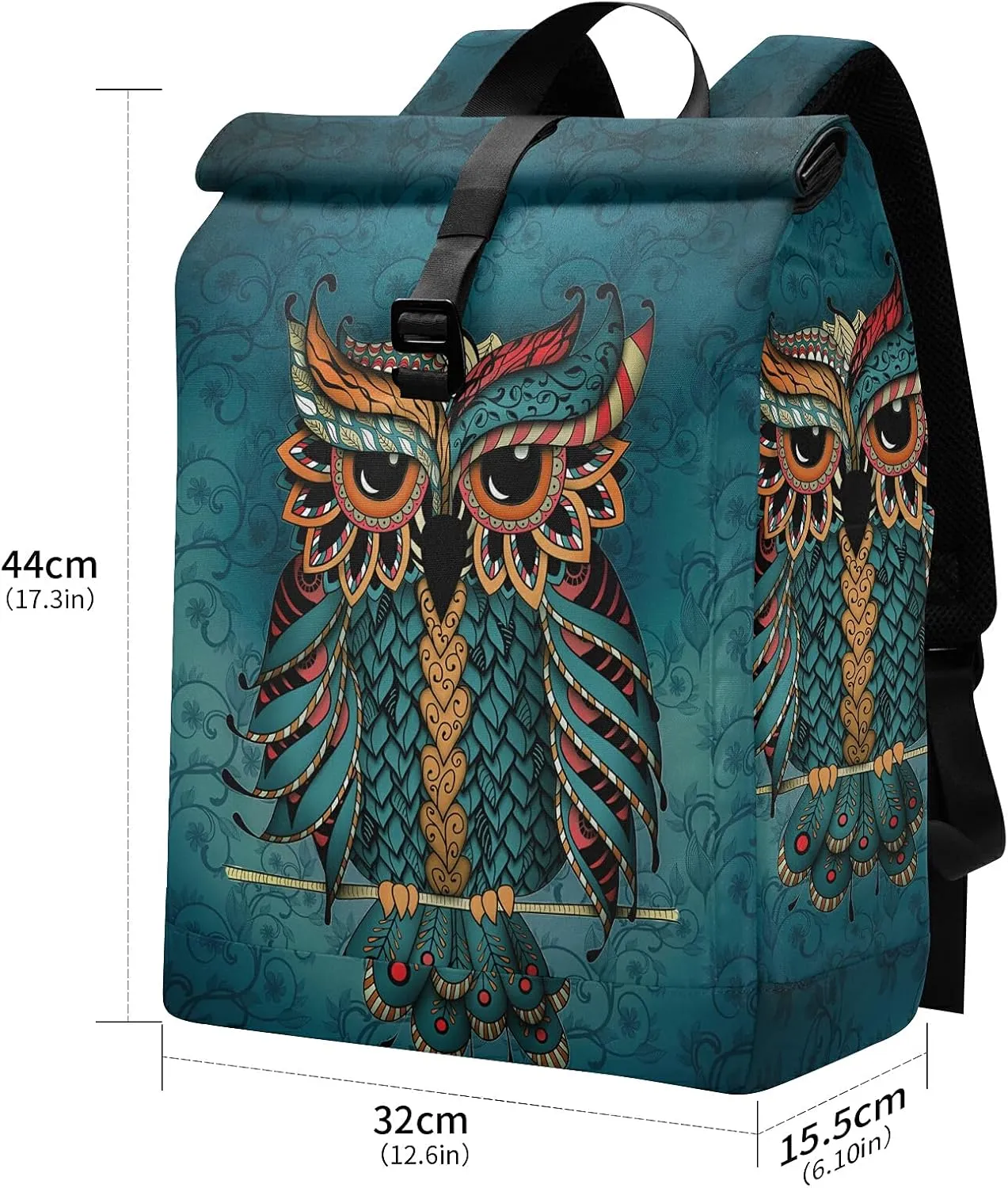 ALAZA Green Owl Print Patrick Boho Ethnic Large Laptop Backpack Purse for Women Men Waterproof Anti Theft Roll Top Backpack, 13-17.3 inch