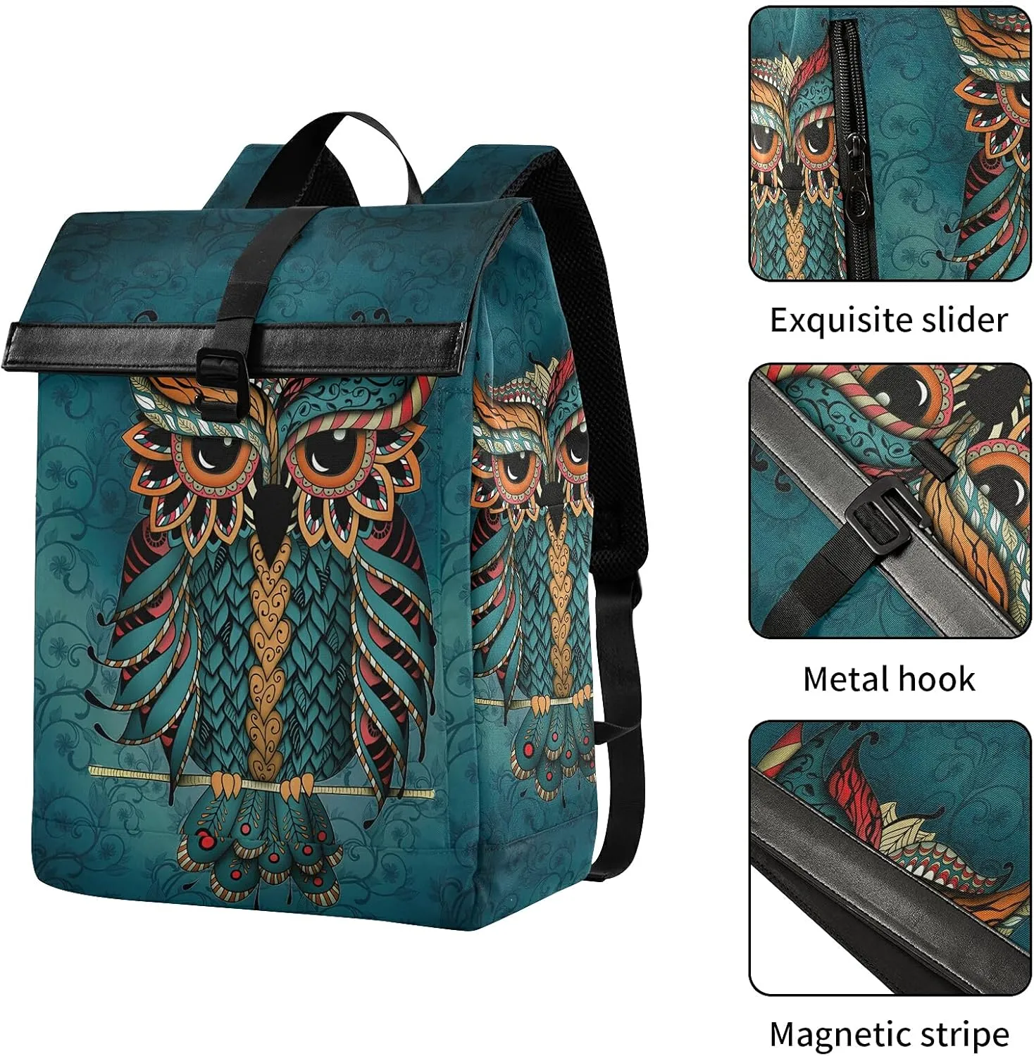 ALAZA Green Owl Print Patrick Boho Ethnic Large Laptop Backpack Purse for Women Men Waterproof Anti Theft Roll Top Backpack, 13-17.3 inch
