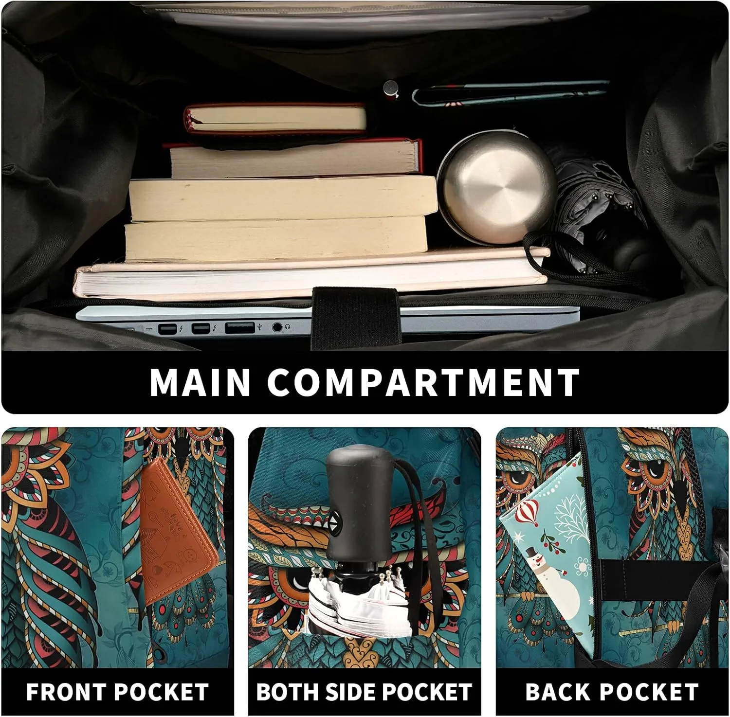 ALAZA Green Owl Print Patrick Boho Ethnic Large Laptop Backpack Purse for Women Men Waterproof Anti Theft Roll Top Backpack, 13-17.3 inch
