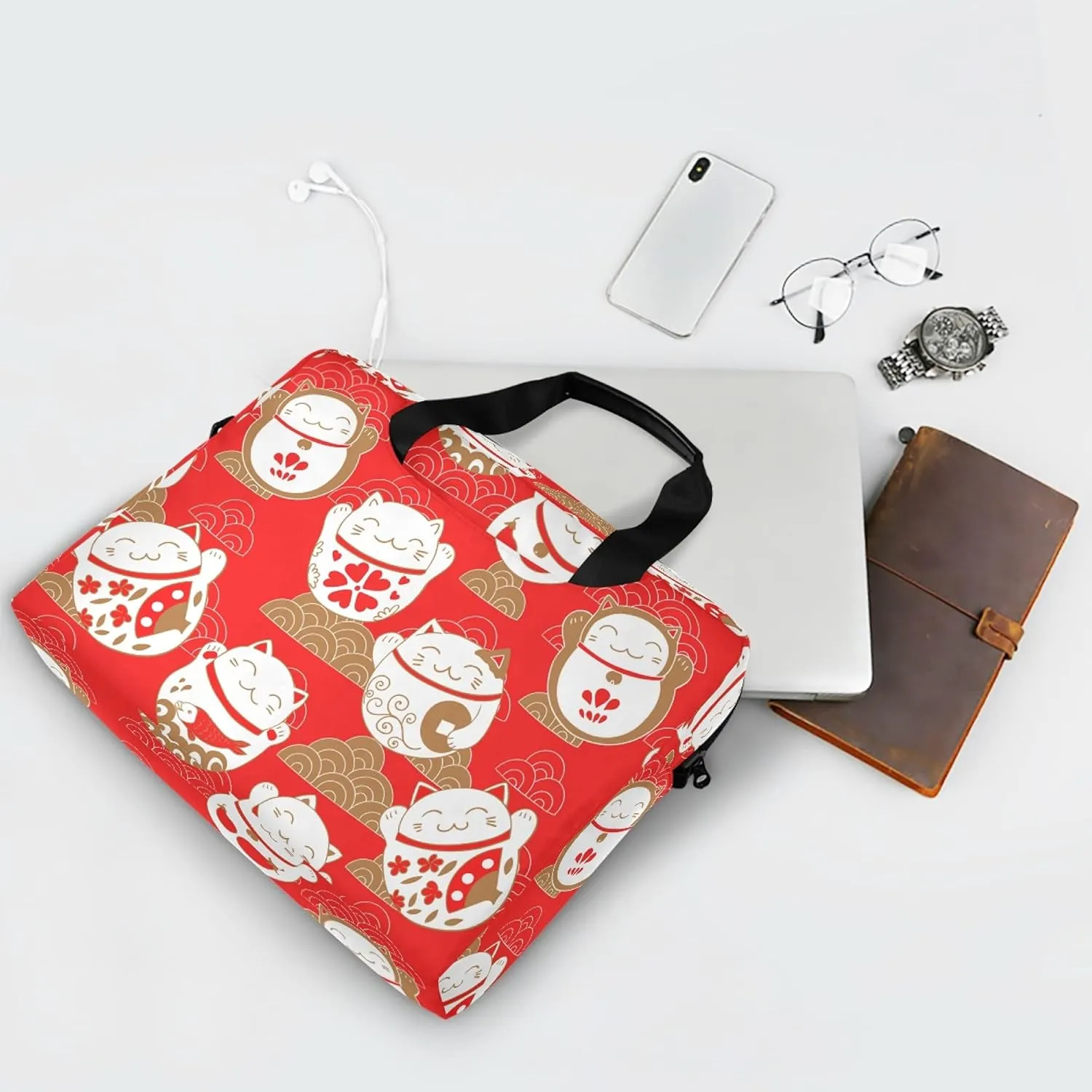 ALAZA Lucky Cat Maneki Neko Red Laptop Case Bag Sleeve Portable Crossbody Messenger Briefcase w/Strap Handle, 13 14 15.6 inch