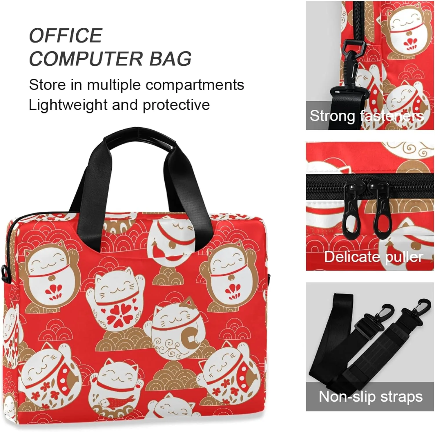 ALAZA Lucky Cat Maneki Neko Red Laptop Case Bag Sleeve Portable Crossbody Messenger Briefcase w/Strap Handle, 13 14 15.6 inch