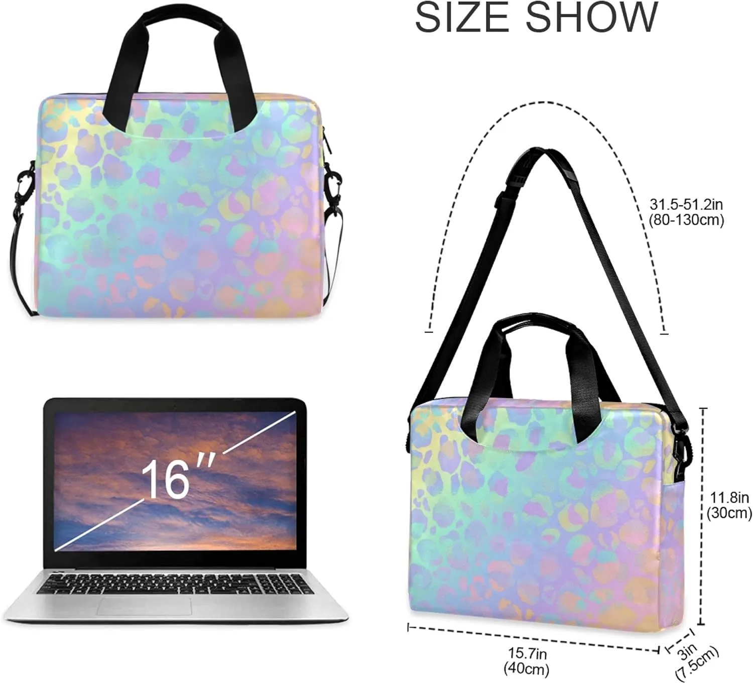 ALAZA Rainbow Leopard Print Rose Gold Cheetah Laptop Case Bag Sleeve Portable Crossbody Messenger Briefcase w/Strap Handle, 13 14 15.6 inch