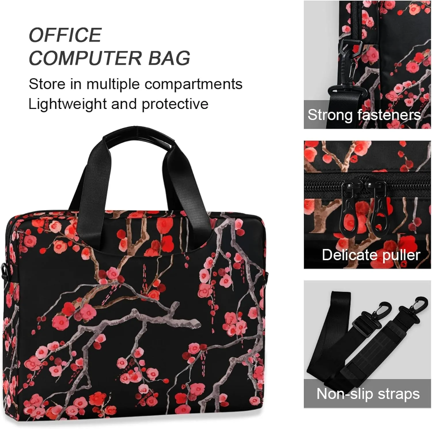 ALAZA Sakura Cherry Blossom Flower Floral Laptop Case Bag Sleeve Portable Crossbody Messenger Briefcase w/Strap Handle, 13 14 15.6 inch