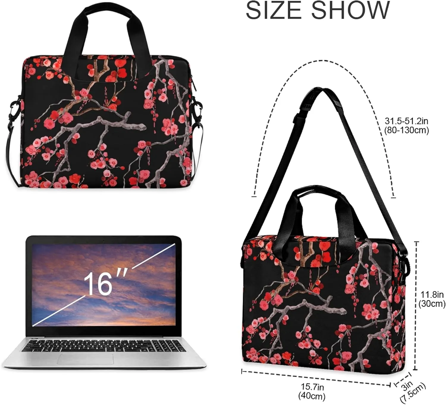 ALAZA Sakura Cherry Blossom Flower Floral Laptop Case Bag Sleeve Portable Crossbody Messenger Briefcase w/Strap Handle, 13 14 15.6 inch