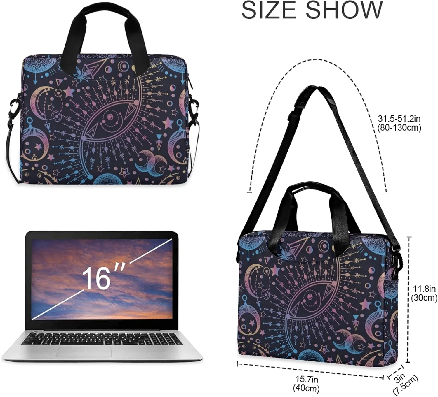 ALAZA Sun Moon Star Astrology Alchemy Laptop Case Bag Sleeve Portable Crossbody Messenger Briefcase w/Strap Handle, 13 14 15.6 inch