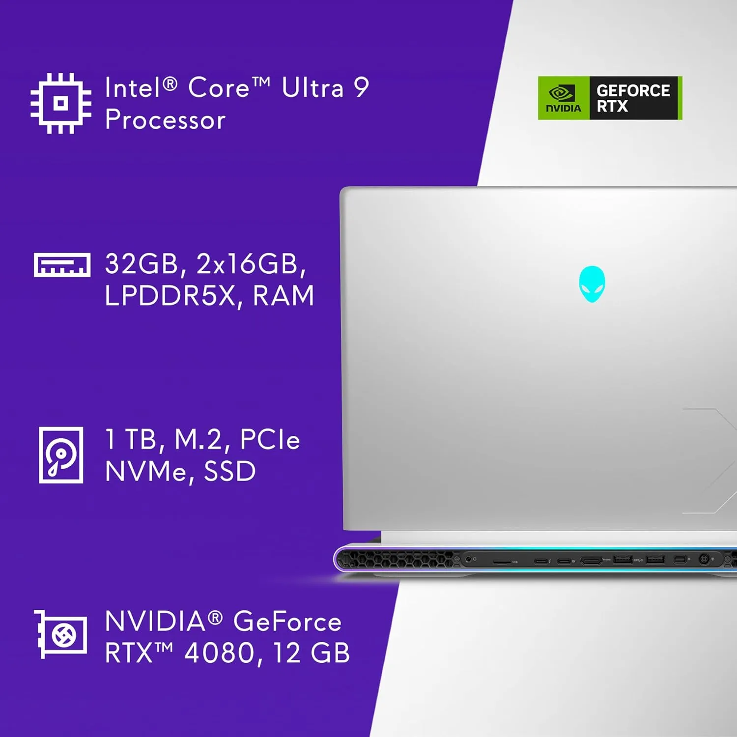 Alienware X16 R2 Gaming Laptop - 16-inch QHD  240Hz 3ms Display, Intel Core Ultra 9-185H, 32GB LPDDR5X RAM, 1TB SSD, NVIDIA GeForce RTX 4080 12GB GDDR6, Windows 11 Home, Onsite Service - Lunar Silver