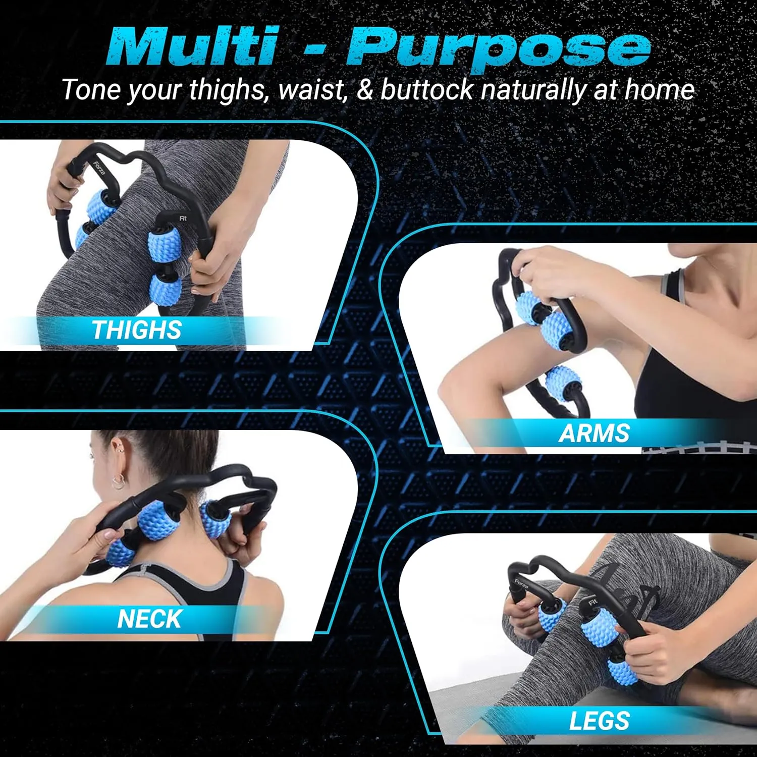All-in-One 4-Wheel Massage Roller – Deep Tissue Relief for Legs, Arms, Neck & More | Ideal for Sore Muscles, Tendonitis, Carpal Tunnel & Cellulite Recovery (Blue & Black)
