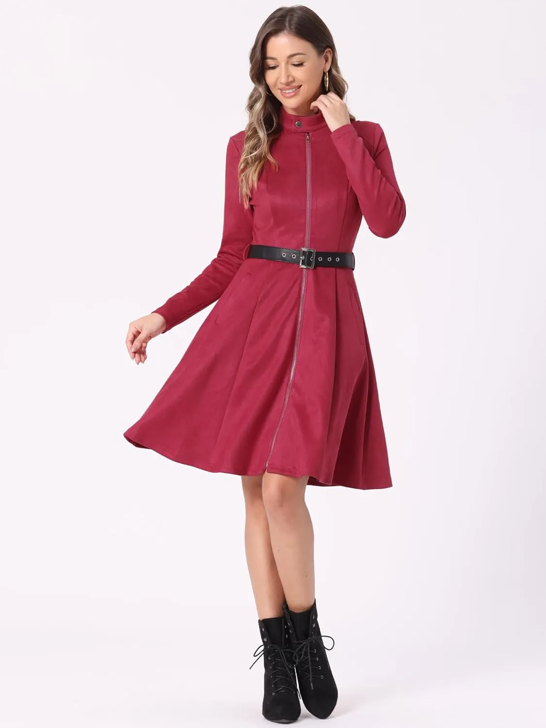 Allegra K Women's Faux Suede Dress Stand Collar Zip Up Belted Vintage Dresses